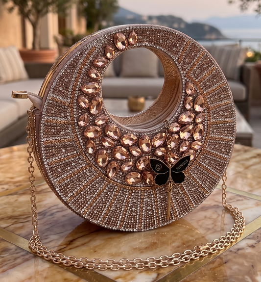 Slingss Luxury Range Full Moon Diamond Embroidered Partywear Handbag For Ladies With Handle & Long Chain