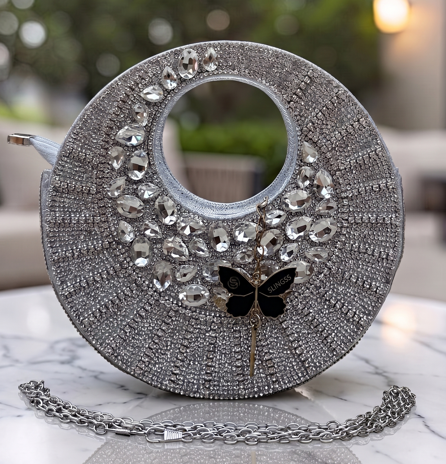 Slingss Luxury Range Full Moon Diamond Embroidered Partywear Handbag For Ladies With Handle & Long Chain