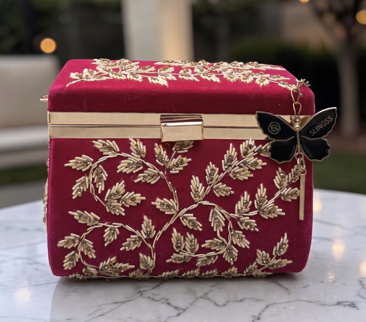 Slingss Luxury Range Boxy Embroidered Partywear Handbag For Ladies With Chain Handle And Belt