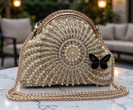 Slingss Luxury Range Snail Shape Pearl Partywear Handbag For Ladies With Long Chain