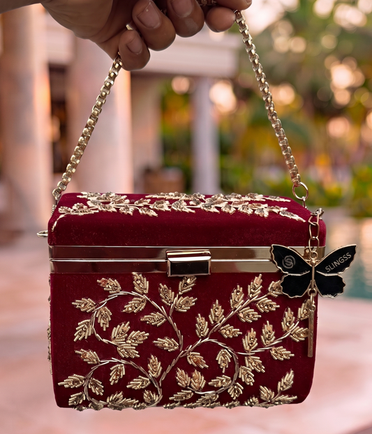 Slingss Luxury Range Boxy Embroidered Partywear Handbag For Ladies With Chain Handle And Belt