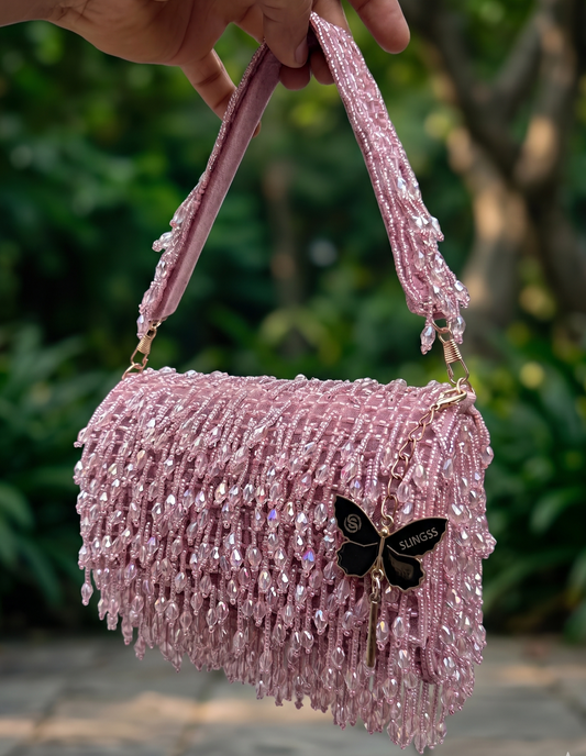 Slingss Luxury Range Crystal Full Jhallar Embroidered Partywear Purse For Ladies With Handle