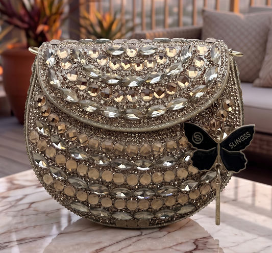 Slingss Luxury Range Small Size Diamond Embroidered Partywear Handbag For Ladies With Handle & Long Chain