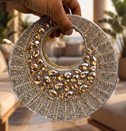 Slingss Luxury Range Full Moon Diamond Embroidered Partywear Handbag For Ladies With Handle & Long Chain