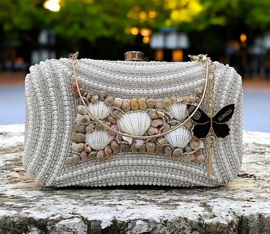 Slingss Exclusive Premium White Beads Seap Embroidered Partywear Clutch For Ladies With Handle & Long Chain