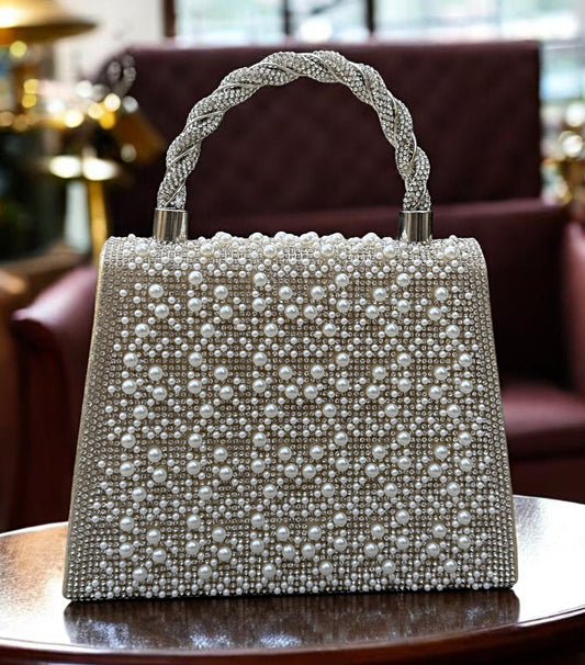 Slingss Luxury Range Exclusive Pearls Embroidered Partywear Handbag For Ladies With Handle & Long Chain