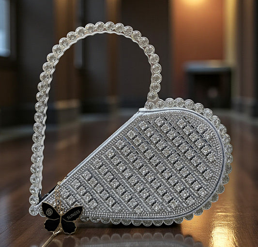 Slingss Exclusive Premium Sparkle Heart Shape Partywear Diamond Embroidered Handbag For Ladies