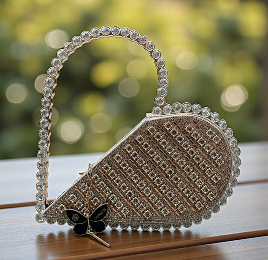 Slingss Exclusive Premium Heart Shape Partywear Diamond Embroidered Handbag For Ladies