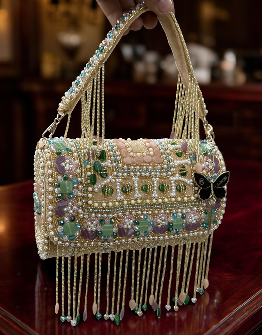 Slingss Luxury Range Hanging Beads Embroidered Partywear Handbag For Ladies With Handle