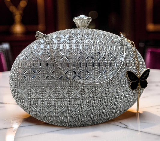 Slingss Exclusive Premium Oval Shape Partywear Embroidered Clutch For Ladies With Silver Handle & Chain