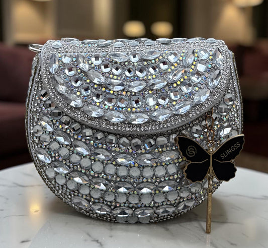 Slingss Luxury Range Small Size Diamond Embroidered Partywear Handbag For Ladies With Handle & Long Chain
