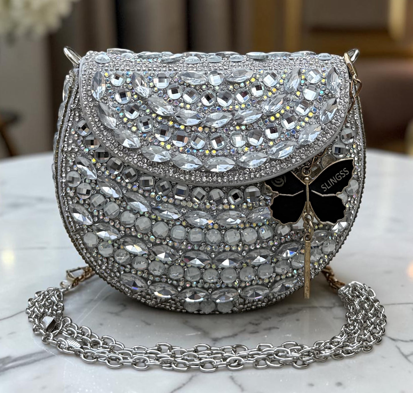 Slingss Luxury Range Small Size Diamond Embroidered Partywear Handbag For Ladies With Handle & Long Chain