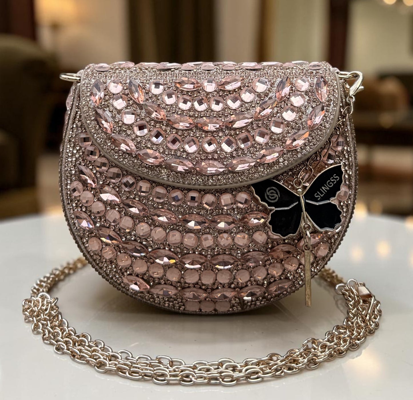 Slingss Luxury Range Small Size Diamond Embroidered Partywear Handbag For Ladies With Handle & Long Chain