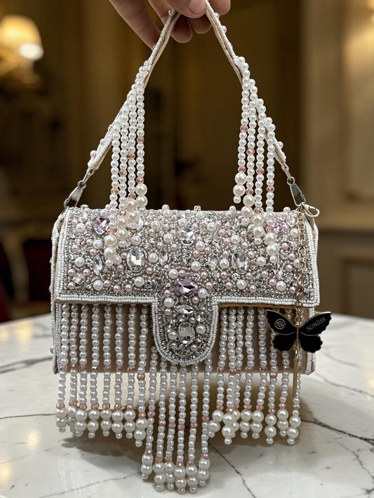 Slingss Luxury Range White Beads Hanging Diamond Embroidered Partywear Handbag For Ladies With Handle