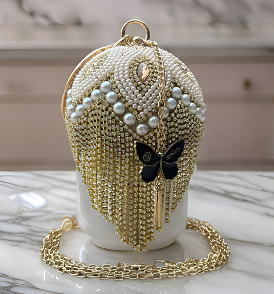 Slingss Exclusive Premium Ball Shaped Partywear Embroidered Clutch For Ladies With Gold Handle & Long Chain