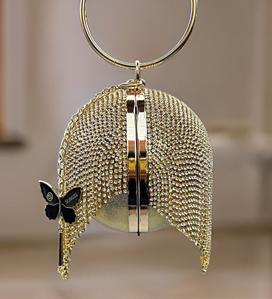 Slingss Exclusive Premium Ball Shaped Partywear Embroidered Clutch For Ladies With Golden Handle & Long Chain