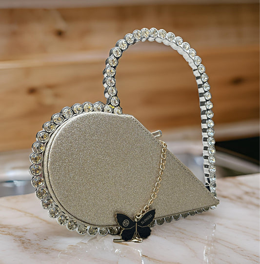Slingss Exclusive Premium Heart Shape Partywear Glitter Embroidered Handbag For Ladies