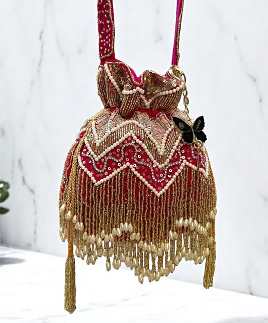 Slingss Exclusive Luxury Range Double Side Jhallar Embroidered Partywear Potli For Ladies With Handle