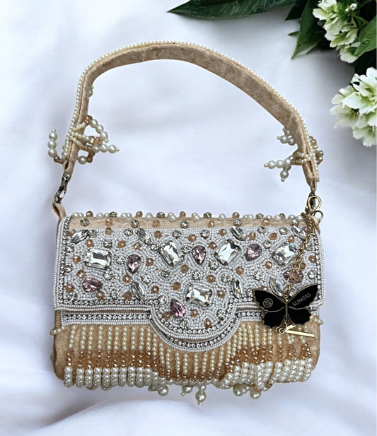 Slingss Luxury Range White Beads Hanging Diamond Embroidered Partywear Handbag For Ladies With Handle