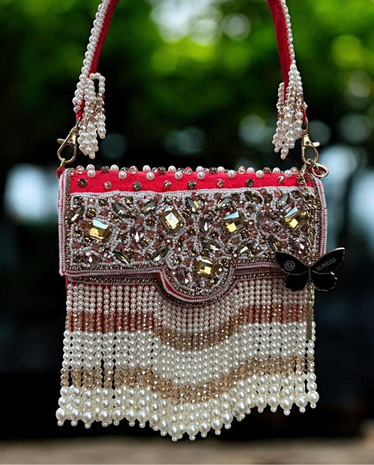Slingss Luxury Range White Beads Hanging Diamond Embroidered Partywear Handbag For Ladies With Handle