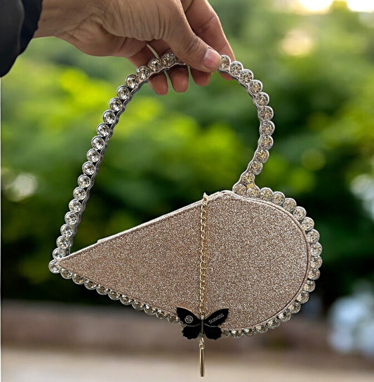 Slingss Exclusive Premium Heart Shape Partywear Glitter Embroidered Handbag For Ladies
