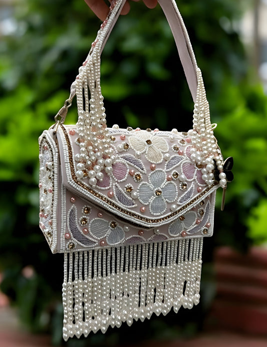 Slingss Luxury Range Hanging Beads Embroidered Partywear Handbag For Ladies With Handle