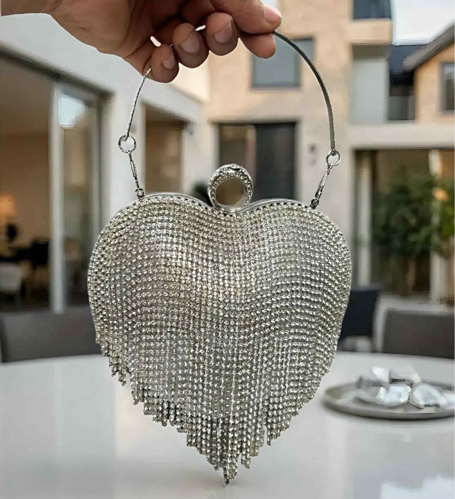 Slingss Exclusive Premium Heart Shape Design Partywear Embroidered Clutch For Ladies With Handle & Long Chain