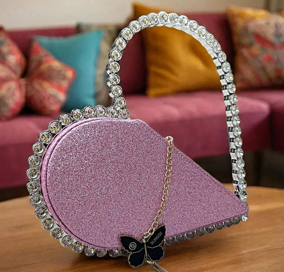 Slingss Exclusive Premium Heart Shape Partywear Diamond Embroidered Handbag For Ladies