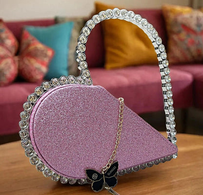 Slingss Exclusive Premium Heart Shape Partywear Diamond Embroidered Handbag For Ladies