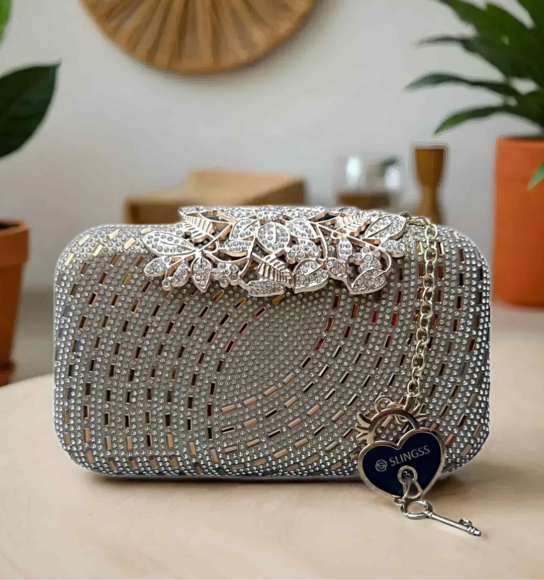 Slingss Exclusive Premium Partywear Embroidered Boxy Design Clutch For Ladies With Handle & Long Chain