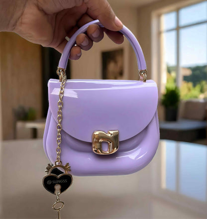 Slingss Mini Partywear Purple Silicon Purse For Girls With Handel & Long Belt
