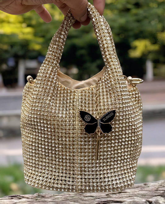 Slingss Luxury Range Exclusive Diamond Studded Partywear Basket Shaped handbag For Ladies With Long Chain