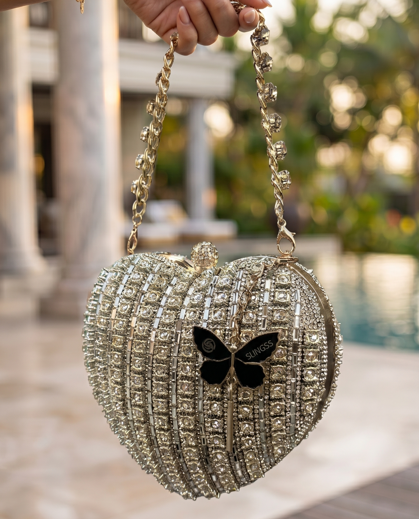 Slingss Exclusive Premium Heart Shape Partywear Diamond Embroidered Clutch For Ladies With Handle & Long Chain