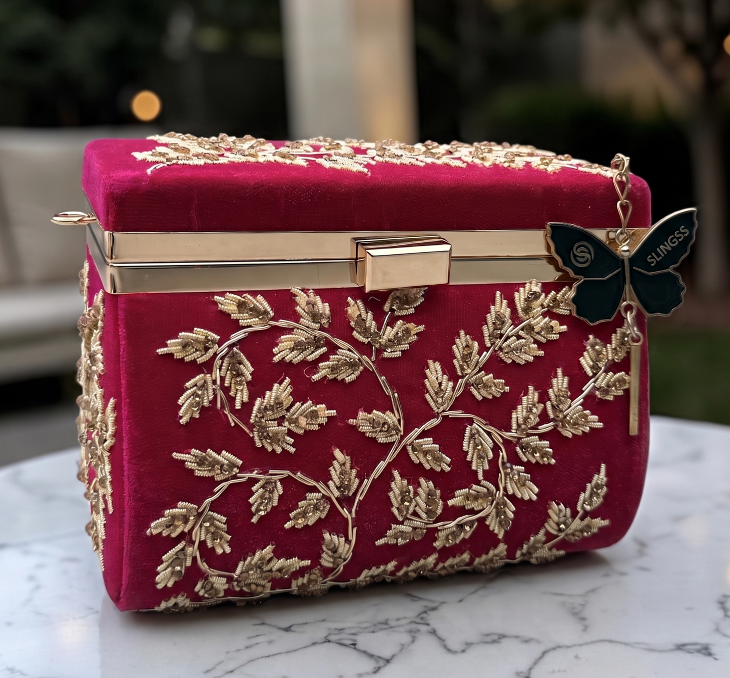 Slingss Luxury Range Boxy Embroidered Partywear Handbag For Ladies With Chain Handle And Belt