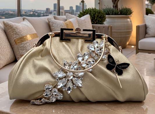 Slingss Luxury Range Diamond Embroidered Partywear handbag With Handle & Long Chain
