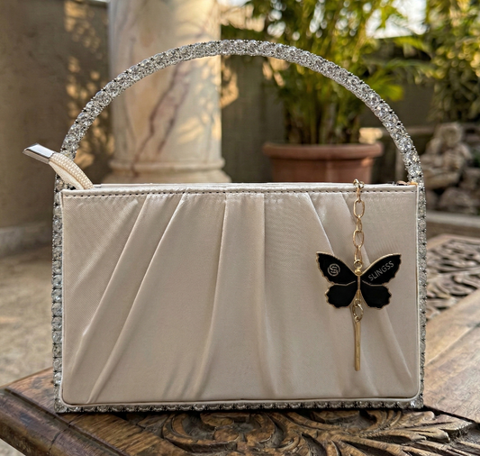 Slingss Exclusive Premium Boxy Shape Partywear Metal Handle Diamond Embroidered Handbag For Ladies