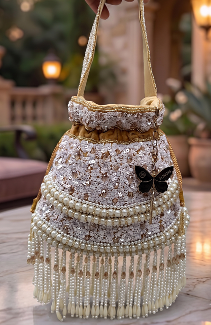Slingss Exclusive Luxury Range Pearl Embroidered Partywear Potli For Ladies With Handle