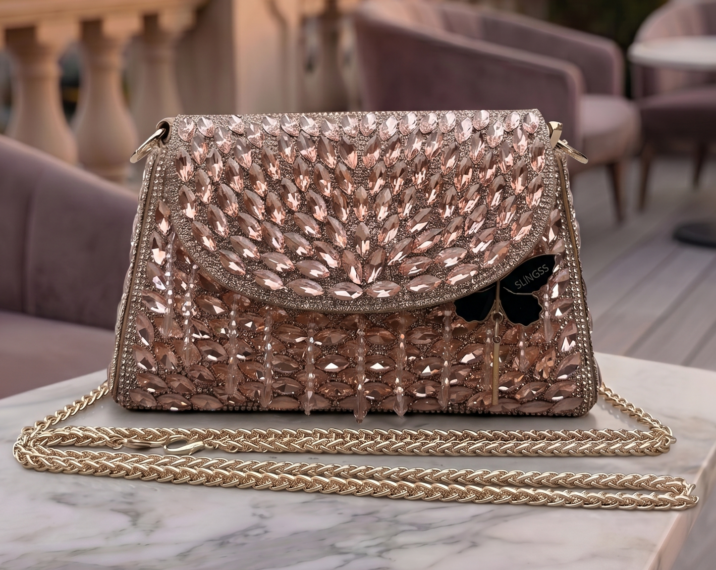Slingss Luxury Range Exclusive Diamond Embroidered Partywear Handbag For Ladies With Handle & Long Chain