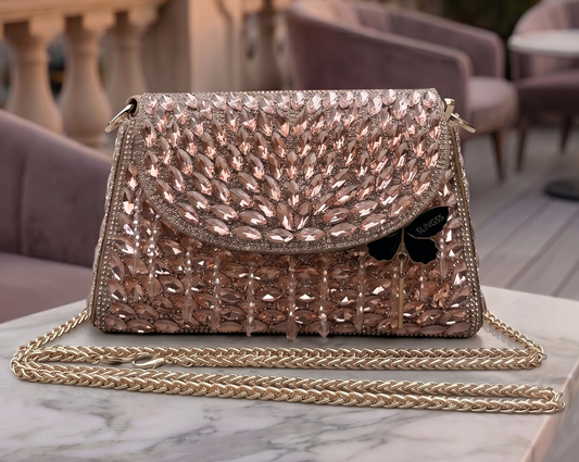 Slingss Luxury Range Exclusive Diamond Embroidered Partywear Handbag For Ladies With Handle & Long Chain