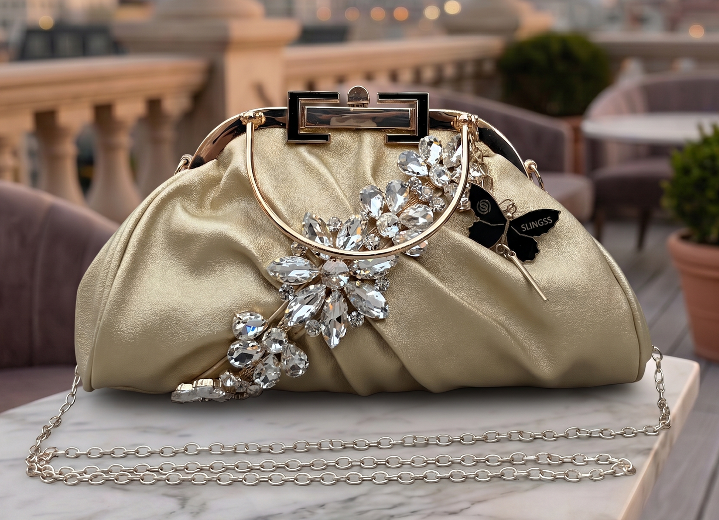 Slingss Luxury Range Diamond Embroidered Partywear handbag With Handle & Long Chain