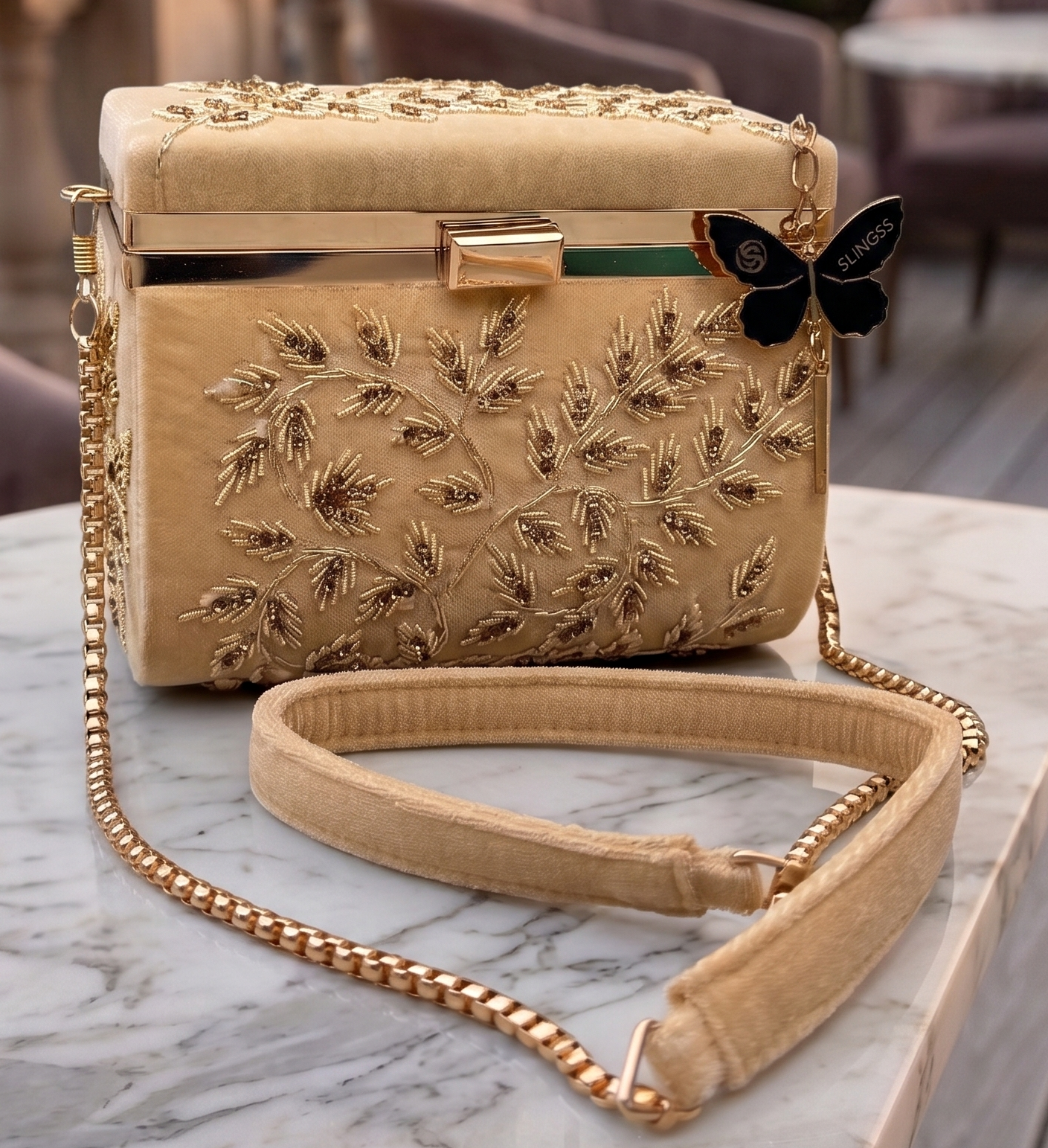 Slingss Luxury Range Boxy Embroidered Partywear Handbag For Ladies With Chain Handle And Belt