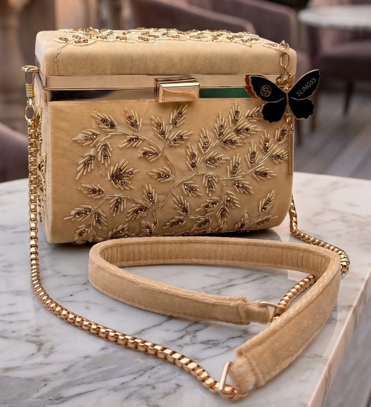 Slingss Luxury Range Boxy Embroidered Partywear Handbag For Ladies With Chain Handle And Belt