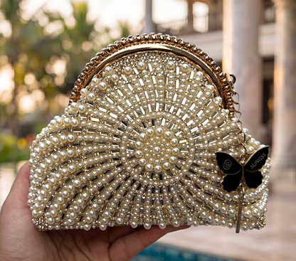 Slingss Luxury Range Snail Shape Pearl Partywear Handbag For Ladies With Long Chain