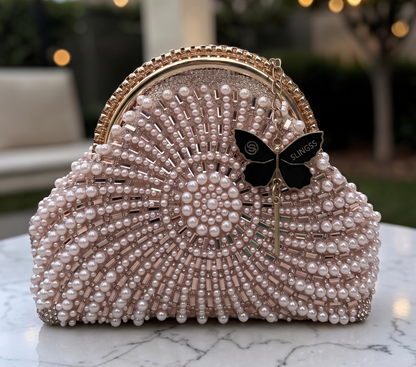 Slingss Luxury Range Snail Shape Pearl Partywear Handbag For Ladies With Long Chain