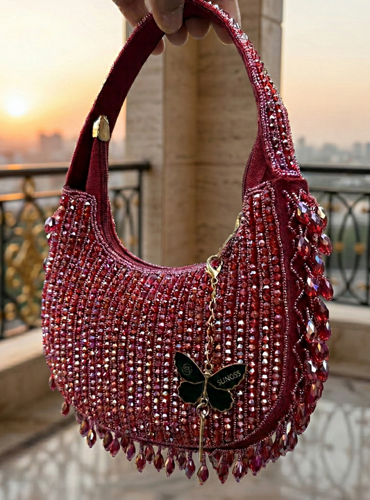 Slingss Luxury Range Half Moon Crystal Jhallar Embroidered Partywear Purse For Ladies With Handle