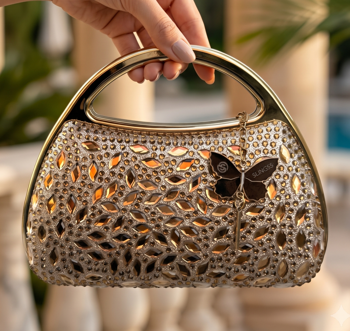 Slingss Premium Diamond Acrylic Partywear Clutch For Ladies With Long Chain