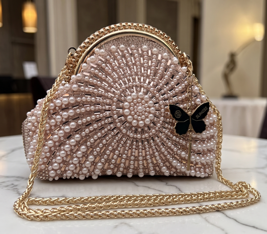 Slingss Luxury Range Snail Shape Pearl Partywear Handbag For Ladies With Long Chain