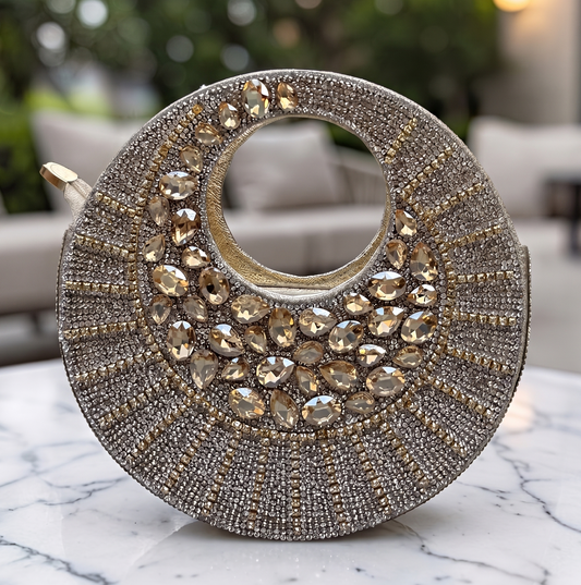 Slingss Luxury Range Full Moon Diamond Embroidered Partywear Handbag For Ladies With Handle & Long Chain