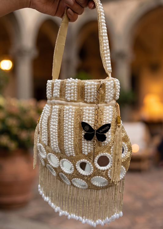 Slingss Exclusive Luxury Range Mirror Embroidered Jhallar Partywear Potli For Ladies With Handle