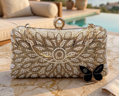 Slingss Exclusive Premium Partywear Pearl Embroidered Clutch For Ladies With Handle & Long Chain